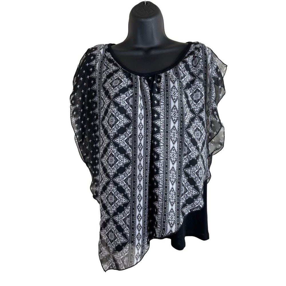 AGB Top Women Size L Sleeveless Black White Sheer Overlay Geometric Scoop Neck